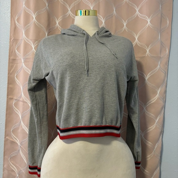 Gray Hooded Sweater with Striped Hem, Size M - Picture 1 of 3